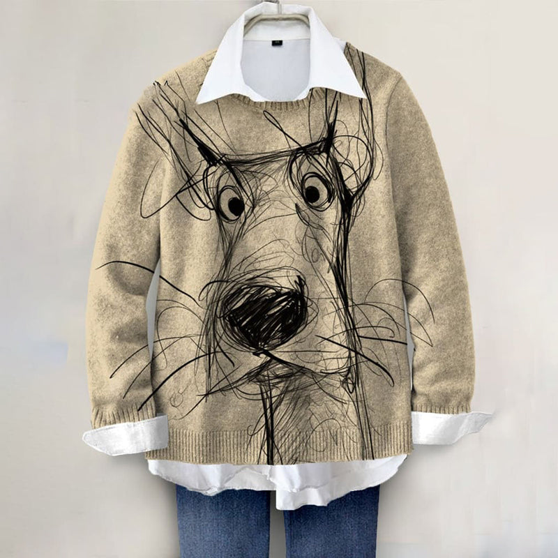 Comstylish Cute Dog Hand Painted Art Print Knit Pullover Sweater