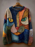 Vintage Cat Face Colorblock Patchwork Cozy Knit Sweater