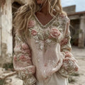 Women's Vintage Pink Rose Art V-neck Cozy Knit Pullover Sweater artswardrobe