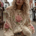 Women's Vintage Rose Floral Chunky Knit Warm Crew Neck Sweater artswardrobe
