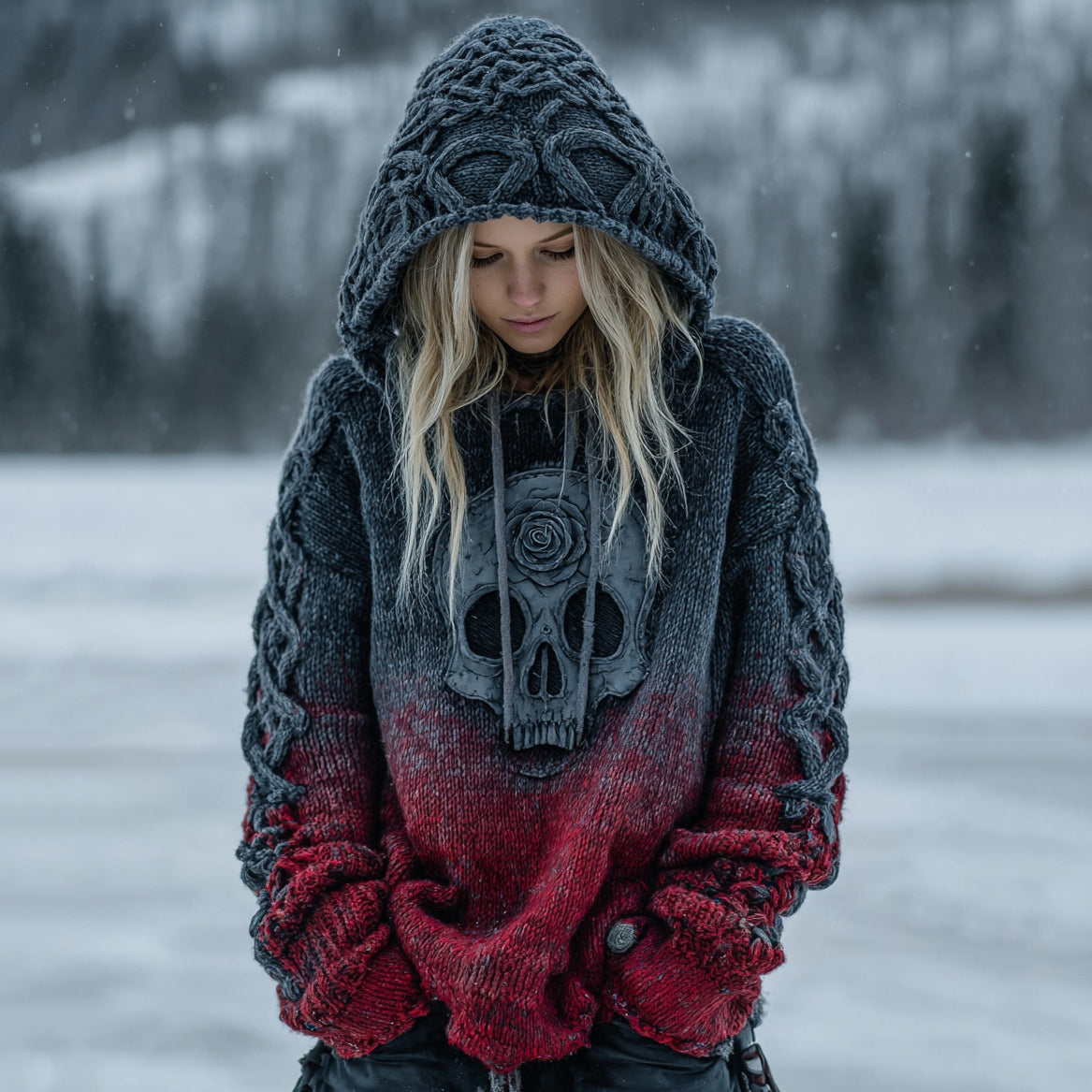 Women's Vintage Viking Tribal Celtic Skull Gradient Hooded Sweater elevenforest