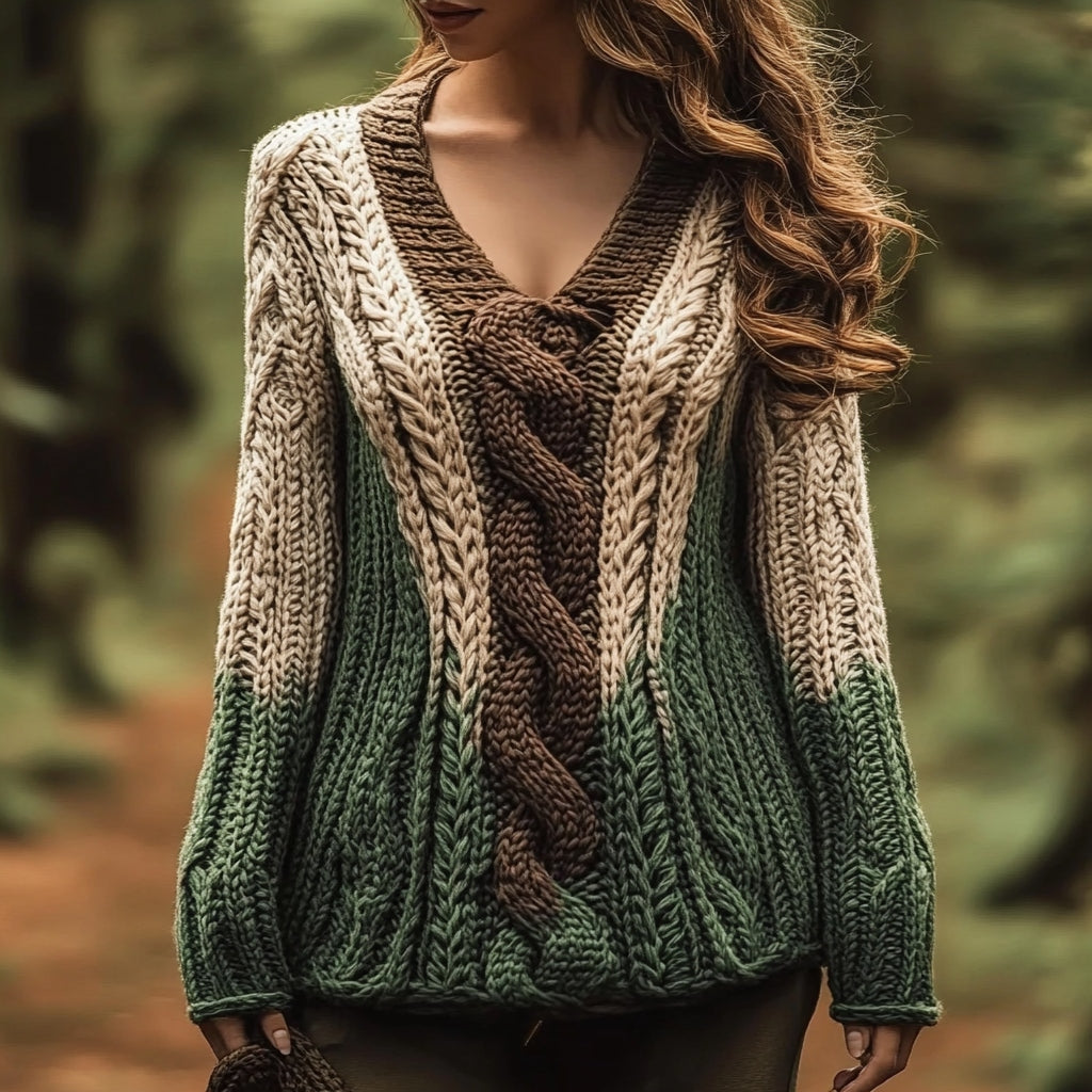 Women's Celtic Knotted Contrast Gradient V-neck Sweater elevenforest