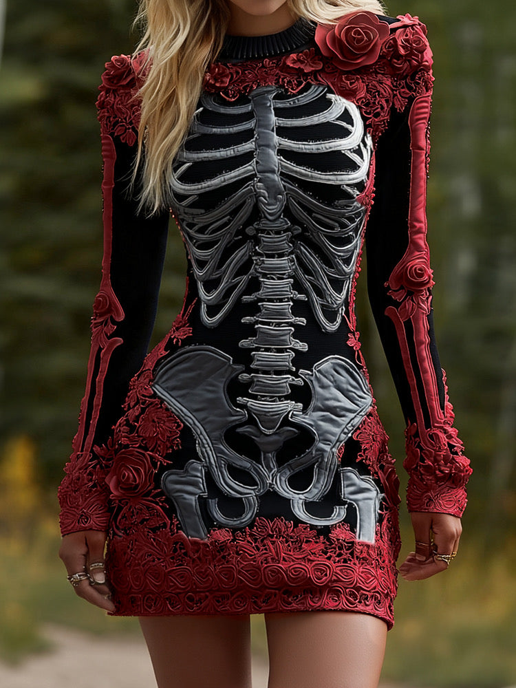 Comstylish Women's Halloween Skeleton Bones Leather With Rose Pattern Art Hot Sexy Style Cozy Knit Mini Sweater Dress