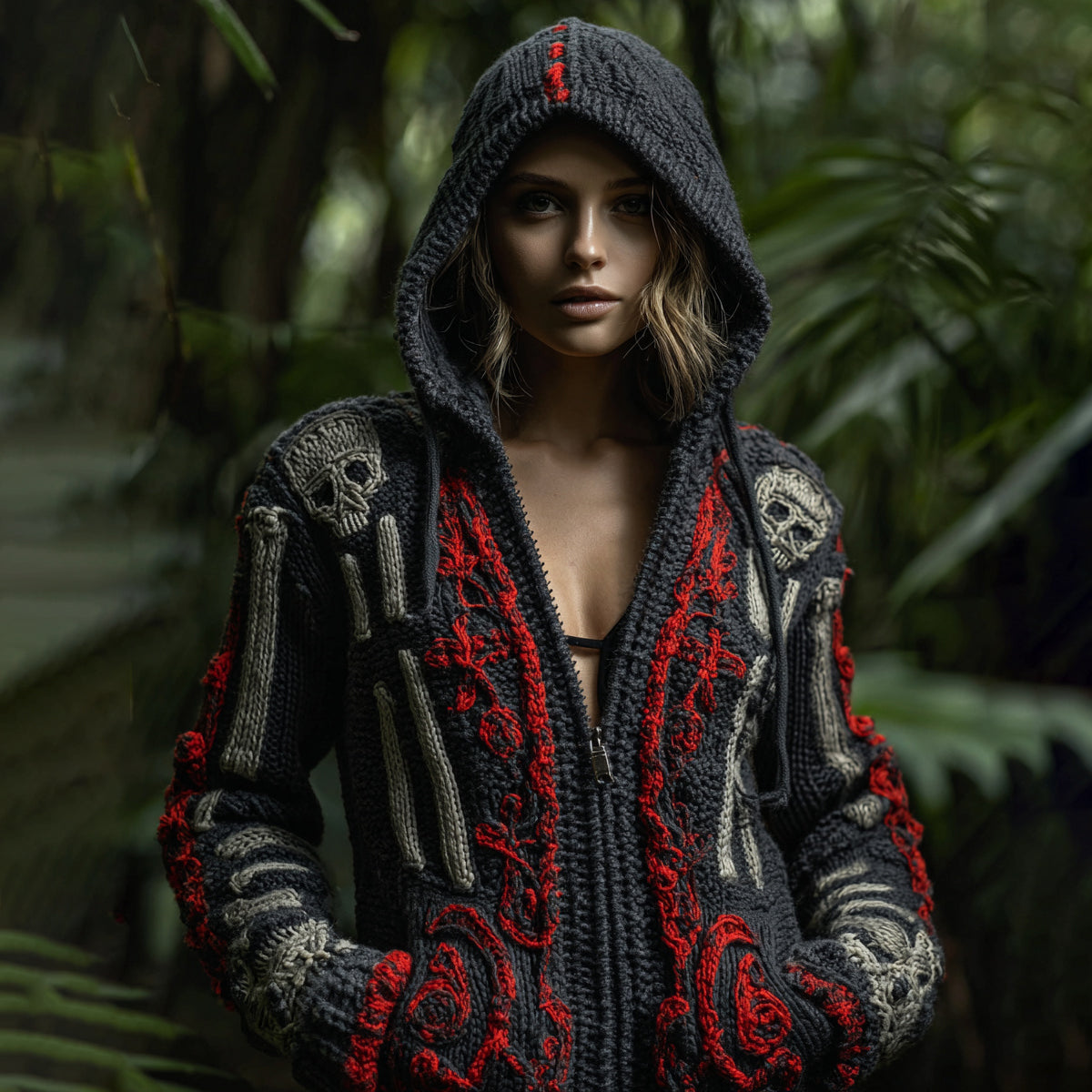 Women's Retro Contrast Skull Cozy Knit Zip Up Hooded Sweater artswardrobe
