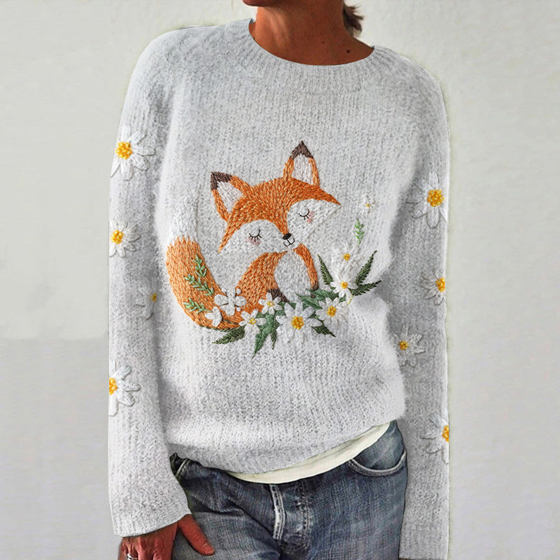 Floral Fox Print Casual Women's Sweater artswardrobe
