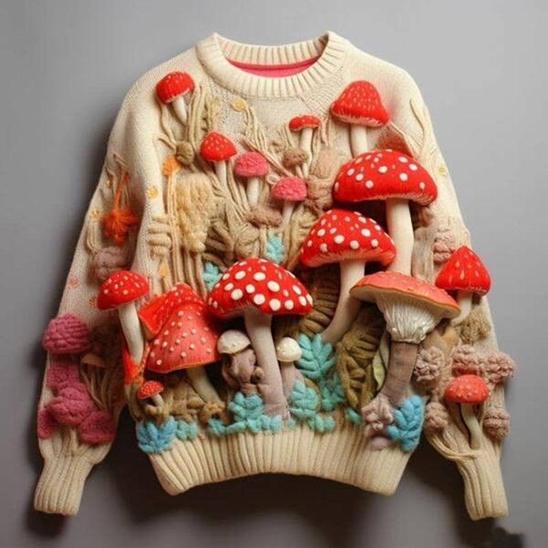 Comstylish Retro Mushroom Art Chunky Knitted Sweater