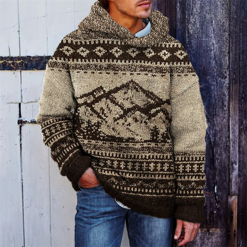 Men's Mountains Landscape Western Aztec Knit Cozy Hooded Sweater artswardrobe