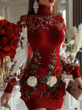 Women's Christmas Holly Leaves And Rose Art Cozy Knit Turtleneck Mini Sweater Dress artswardrobe