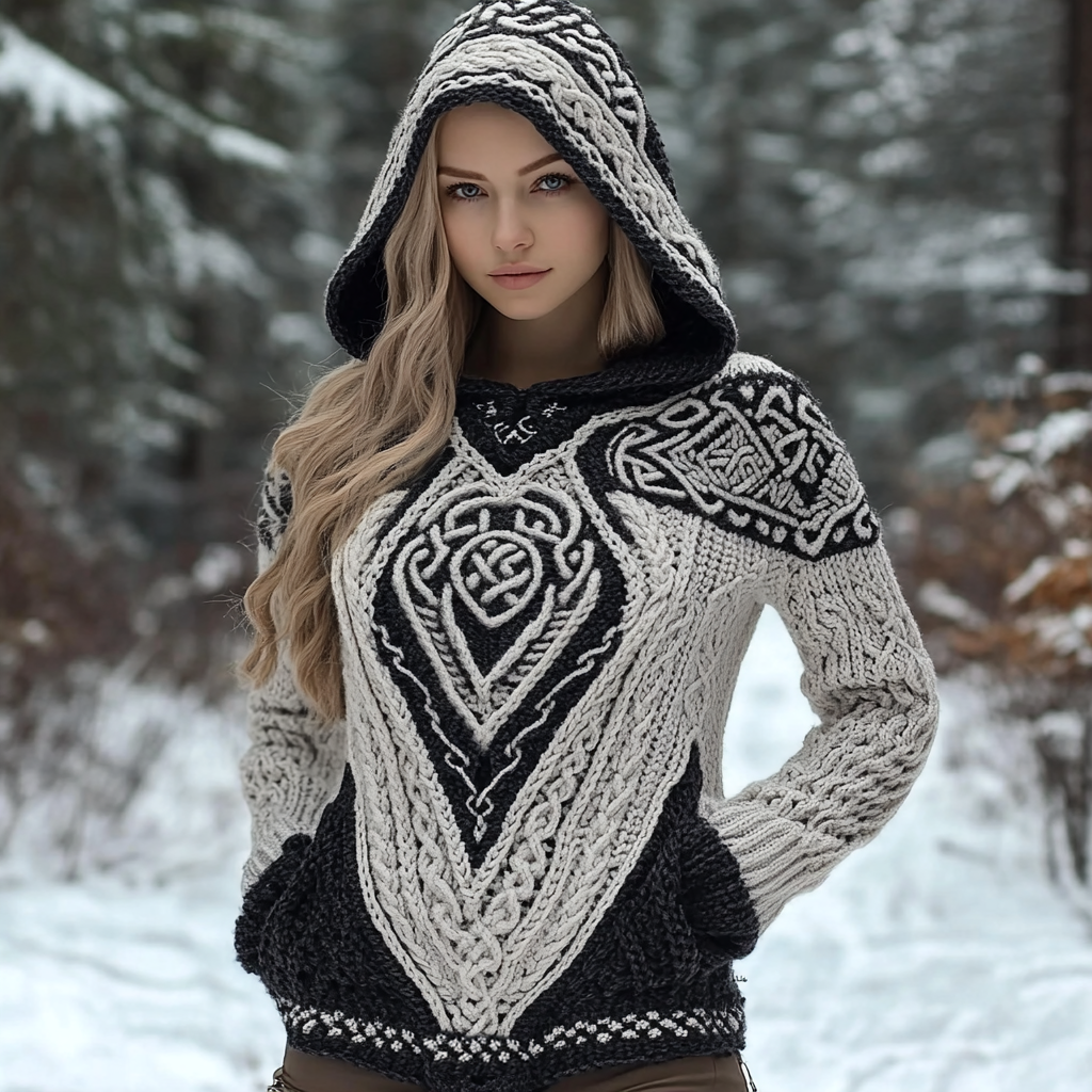 Women's Viking Wolf Style Celtic Thick Hooded Sweater artswardrobe