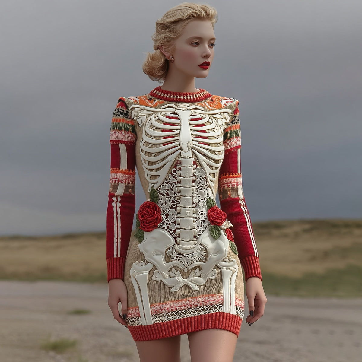 Comstylish Women's Vintage Halloween Skeleton Bones With Rose Art Cozy Knit Mini Sweater Dress
