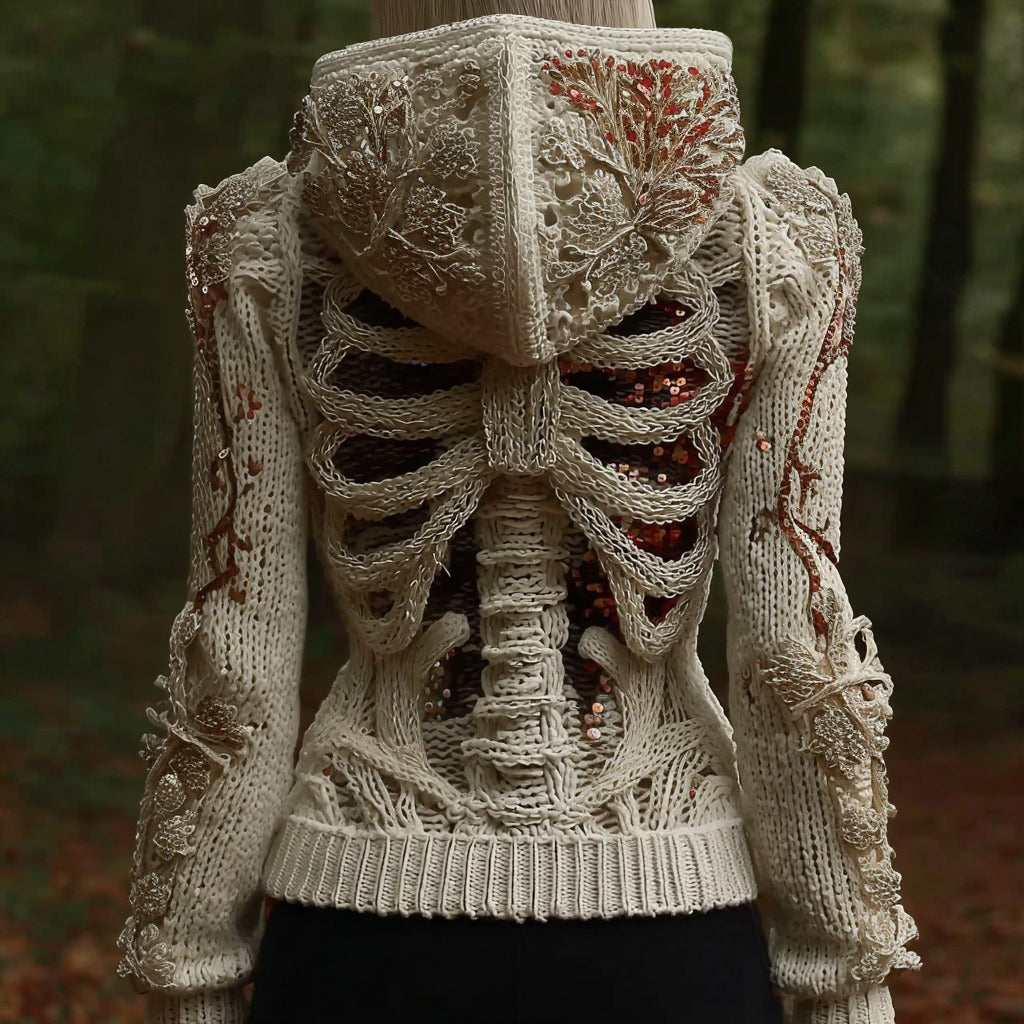 Comstylish Vintage Skeleton Plant Veins Inspired Sequins Art Cozy Zipper Hooded Sweater