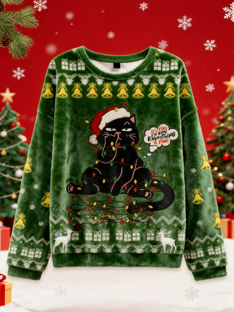 Naughty Black Cat Christmas Ugly Flannel Sweater elevenforest