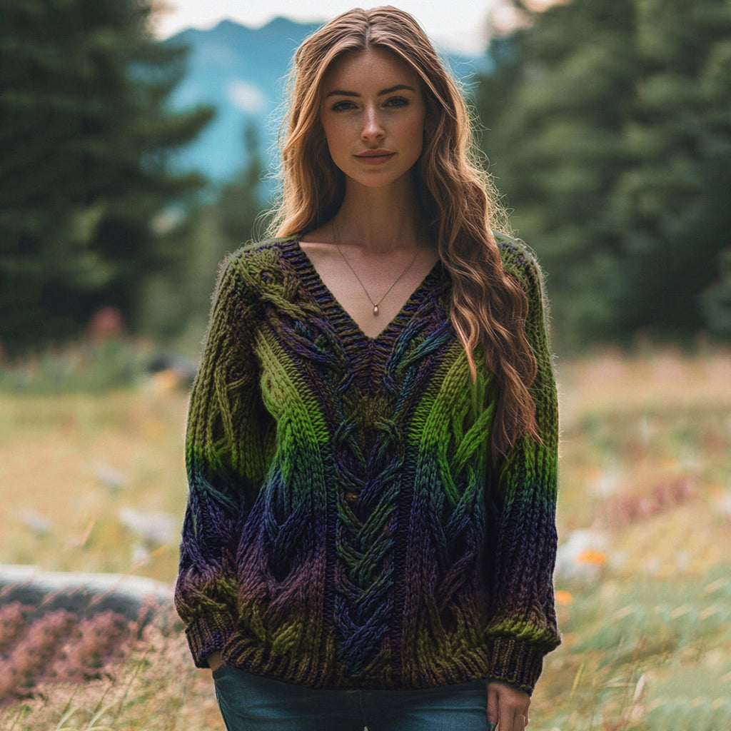 Classic Celtic Chunky Rainbow Color V Neck Cozy Sweater artswardrobe