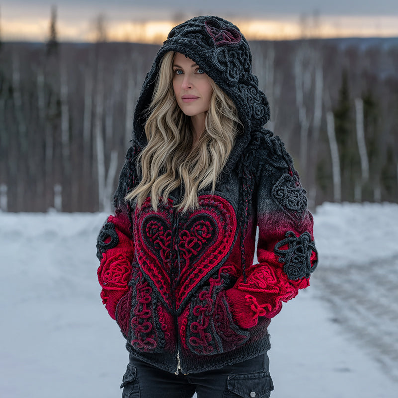 Women's Vintage Heart Art Cozy Knit Zip Up Hooded Sweater elevenforest