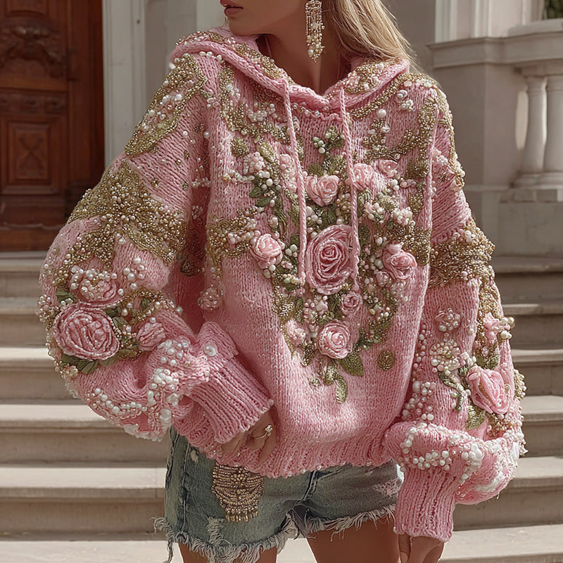 Women's Pink Floral Art Cozy Knit Hooded Sweater