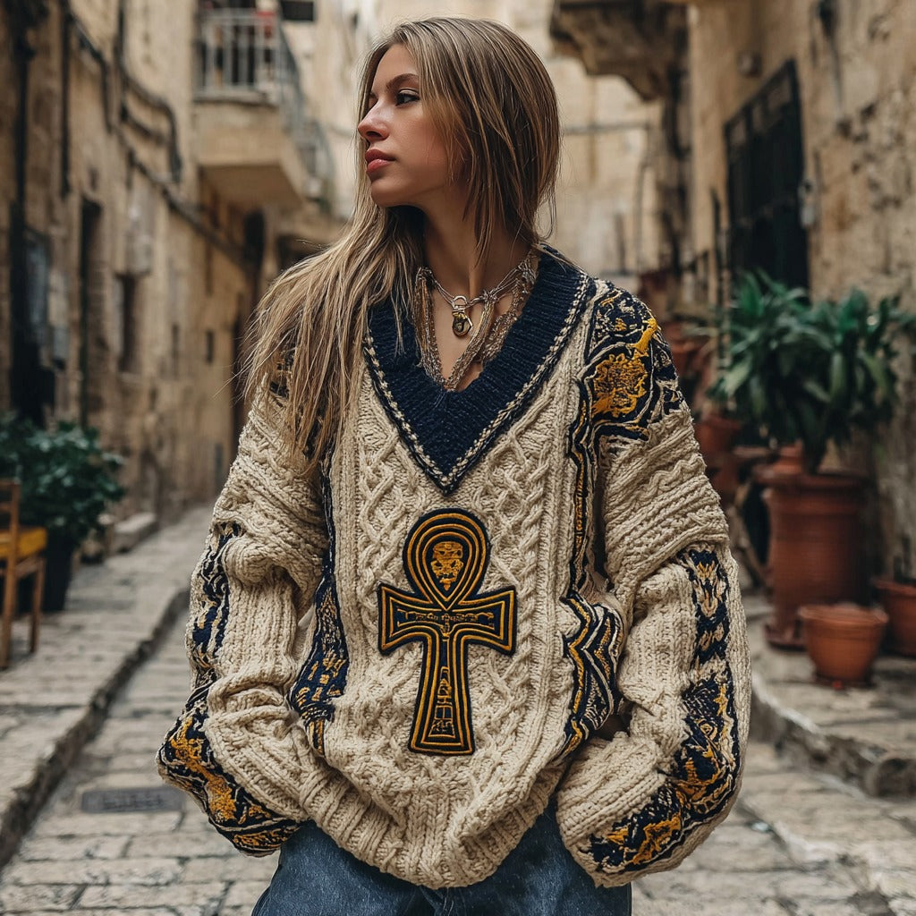 Comstylish Women's Ancient Egyptian Ankh Symbol Art Knitted V-neck Sweater