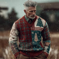 Comstylish Men's Vintage Christmas Tree Plaid Colorblock Cozy Knit Sweater