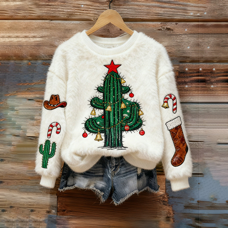 Comstylish Cactus Christmas Shoe Pattern Warm Crew Neck Sweater