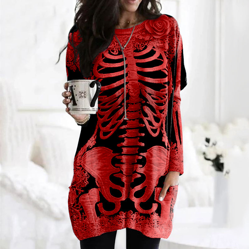 Comstylish Comstylish Women's Halloween Skeleton Bones With Rose Art Cozy Knit Turtleneck Mini Sweater Dress