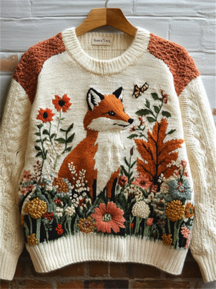 Forest Fox & Flowers Embroidered Cozy Knit Sweater artswardrobe