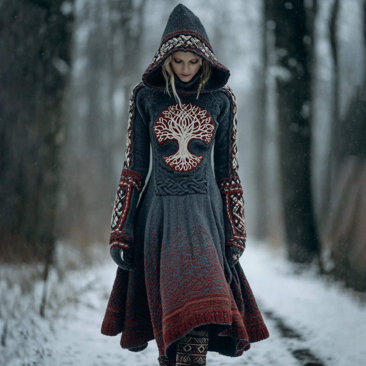 Women's Vintage Celtic Tree Of Life Contrast Hooded Sweater Midi Dress artswardrobe