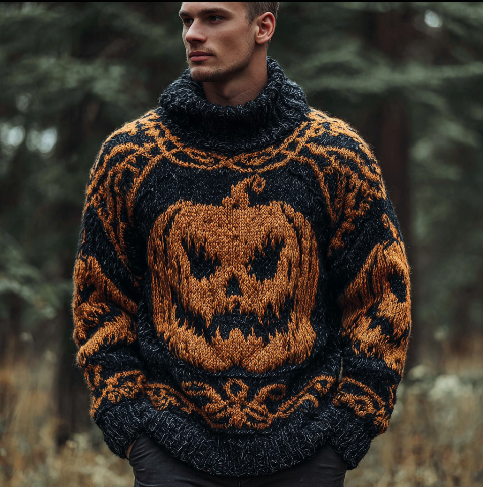 Halloween Pumpkin Pattern Design Dark Retro Men's Thick Sweater Top elevenforest
