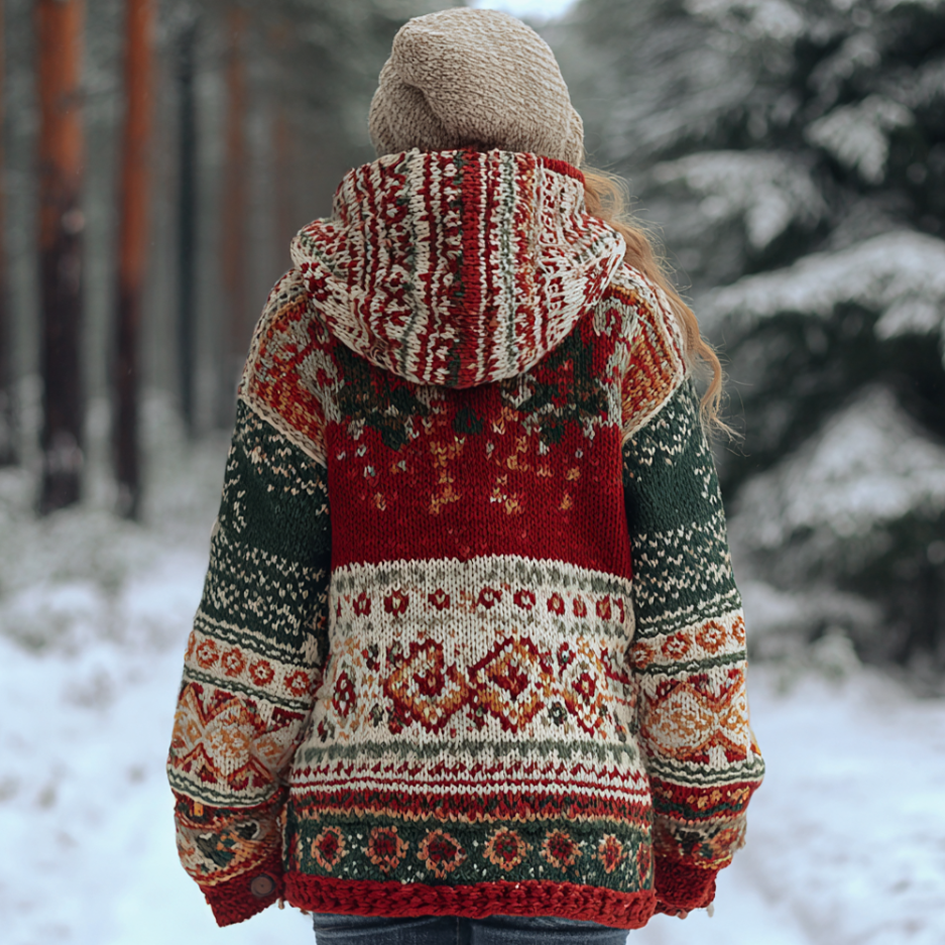Comstylish Women's Retro Christmas Printed Winter Warmth Knit Hooded Sweater Coat