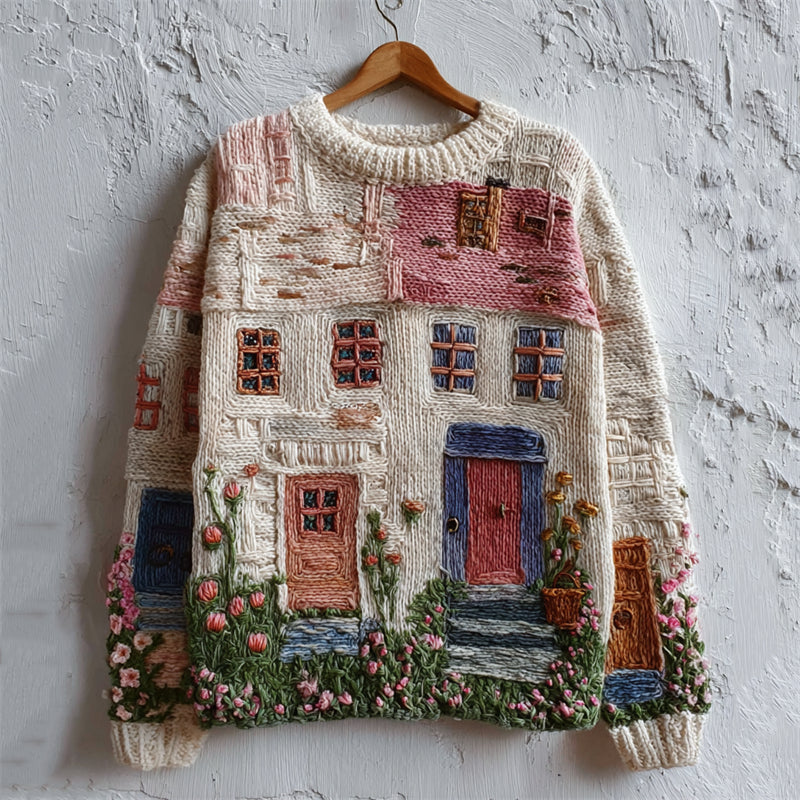 Comstylish Cottagecore Floral House Inspired Embroidered Cozy Knit Sweater