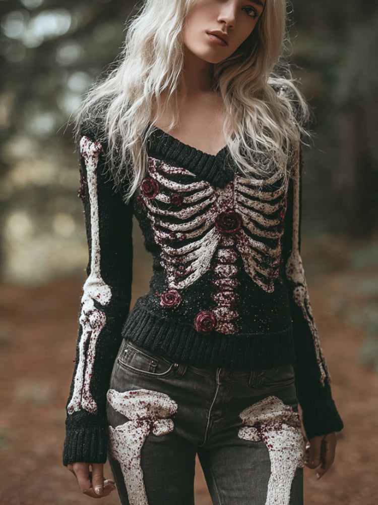 Women's Halloween Skeleton Rose Bloodstained Sexy V-neck Sweater artswardrobe