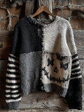 Halloween Stitched Face Contrast Patchwork Cozy Knit Sweater artswardrobe