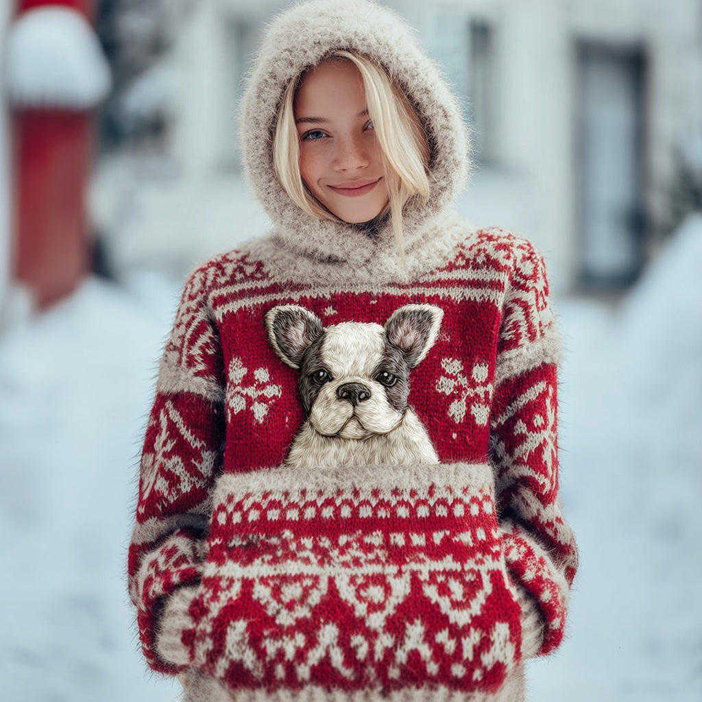 Vintage Christmas Boston Terrier Dog Hooded Isle Sweater artswardrobe