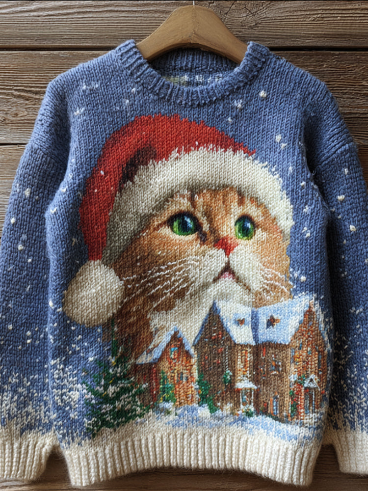 Christmas Cat House Round Neck Sweater artswardrobe