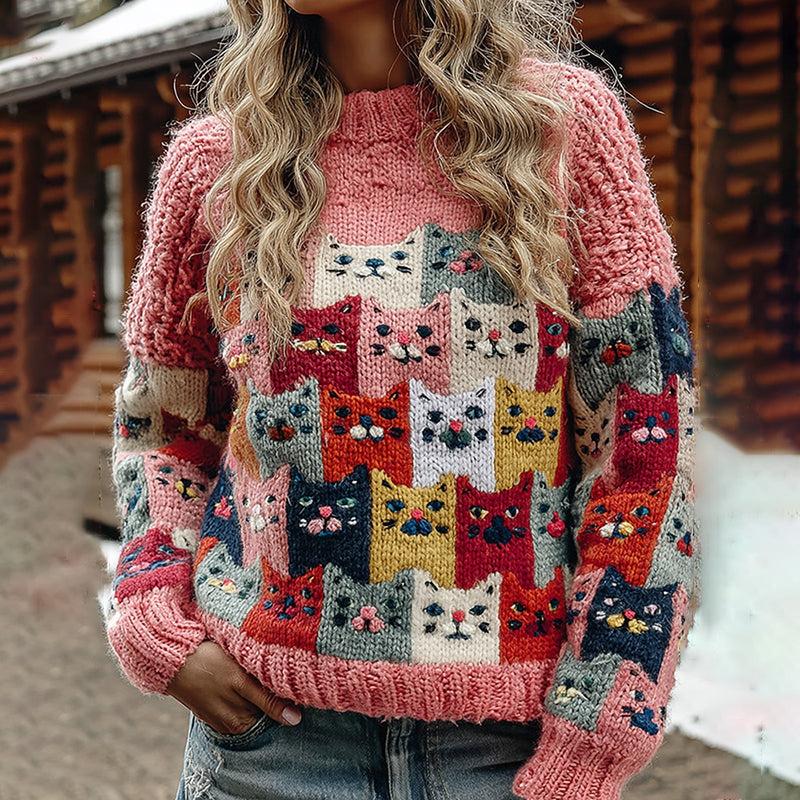 Comstylish Colorful Winter Cats Pattern Art Cozy Knit Sweater
