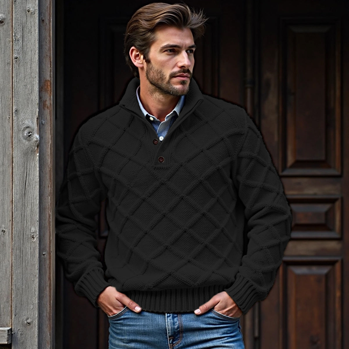 Men's Plaid Jacquard Button Stand Collar Sweater artswardrobe