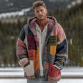 Men's Geometric Block Contrast Knit Button Hooded Sweater artswardrobe