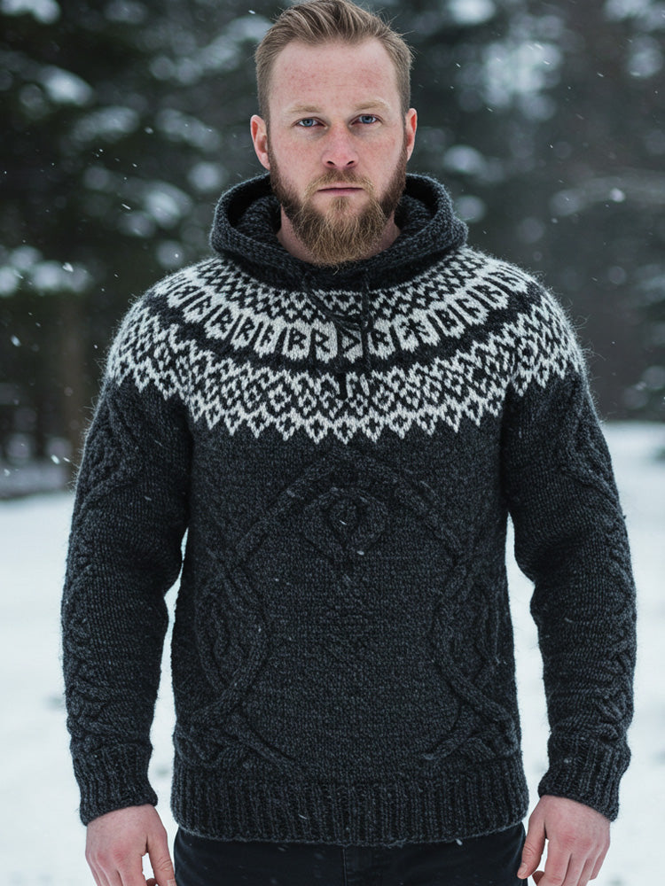 Men's Vintage Viking Inspired Celtic Jacquard Hooded Sweater artswardrobe