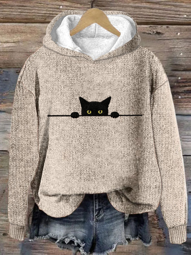 Women's Casual Funny Black Cat Print Hood Sweater artswardrobe