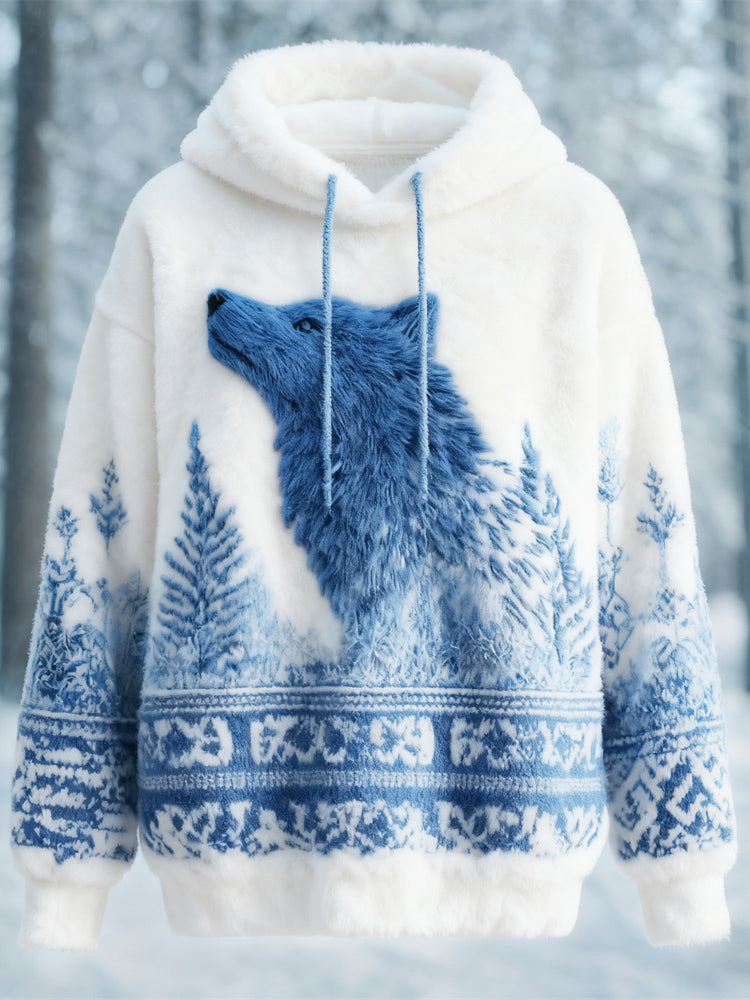 Comstylish Nordic Myth Ice Wolf Pattern Women's Hooded Flannel Sweater