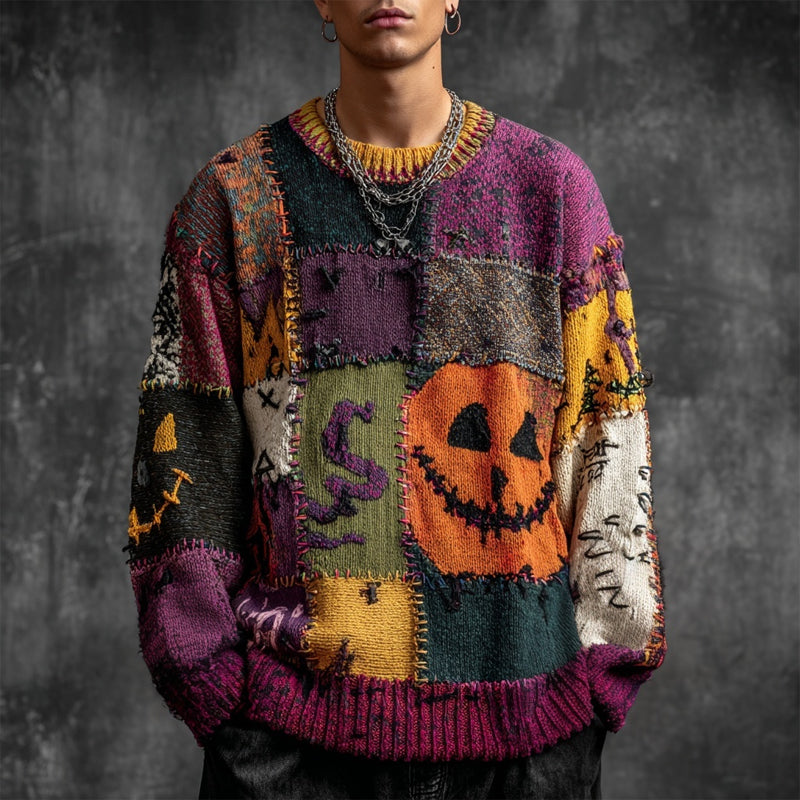 Men's Halloween Inspired Patchwork Cozy Knitted Sweater elevenforest