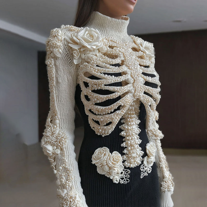 Comstylish Women's Vintage Skeleton & Floral Art Cozy High Neck Sweater
