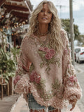 Women's Vintage Floral Chunky Knit Warm Crew Neck Sweater artswardrobe