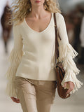 Trendy Western-style V-neck Fringed Sleeve Off-white Sweater