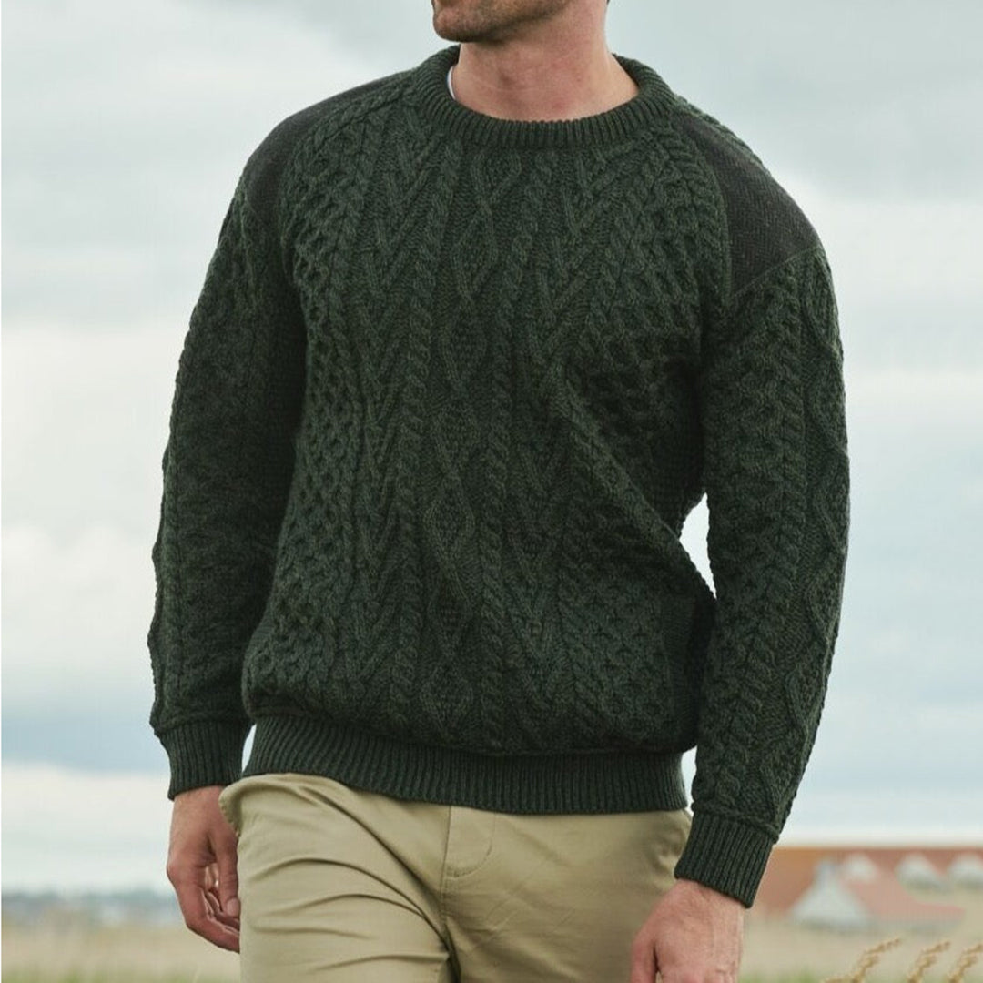 Men'S Retro Patchwork Jacquard Knitting Crew Neck Aran Sweater artswardrobe