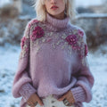Vintage Purple Roses Embroidered Cozy Knit Turtleneck Sweater elevenforest
