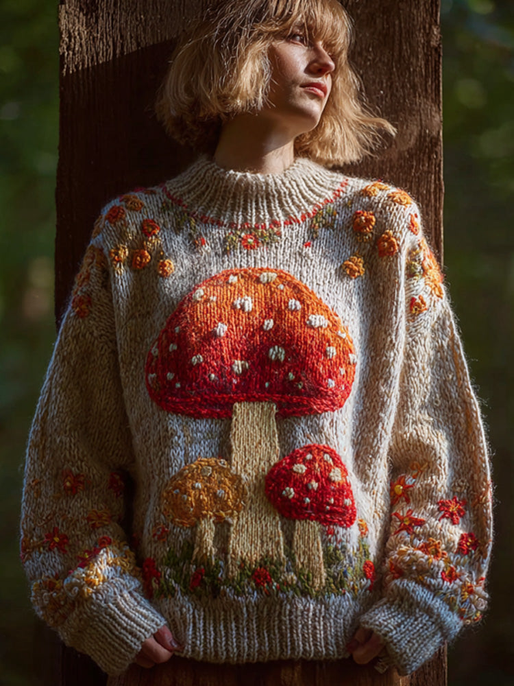 Comstylish Women's Retro Mushroom Print Crew Neck Sweater