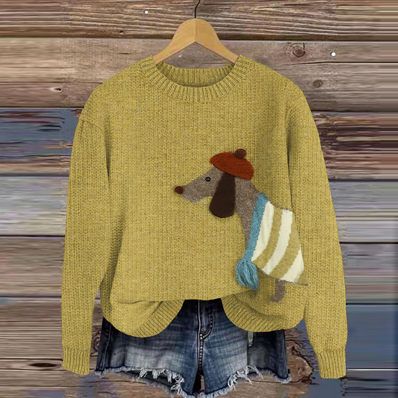 Comstylish Dachshund Print Knitted Pullover Sweater