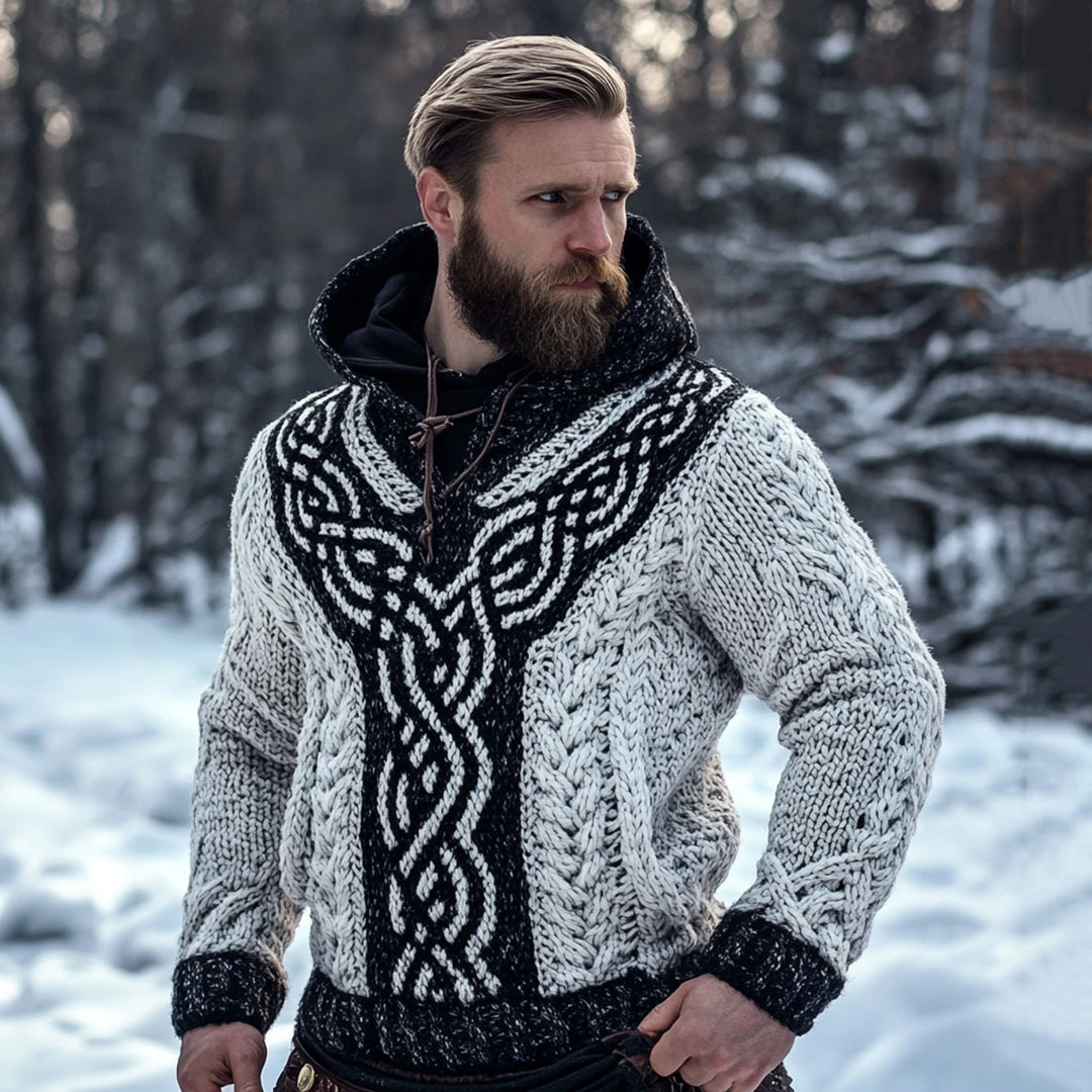 Men's Viking Tribal Jacquard Celtic Cozy Knit Hooded Sweater artswardrobe