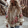 Women's Vintage Rose Floral Chunky Knit Warm Crew Neck Sweater artswardrobe