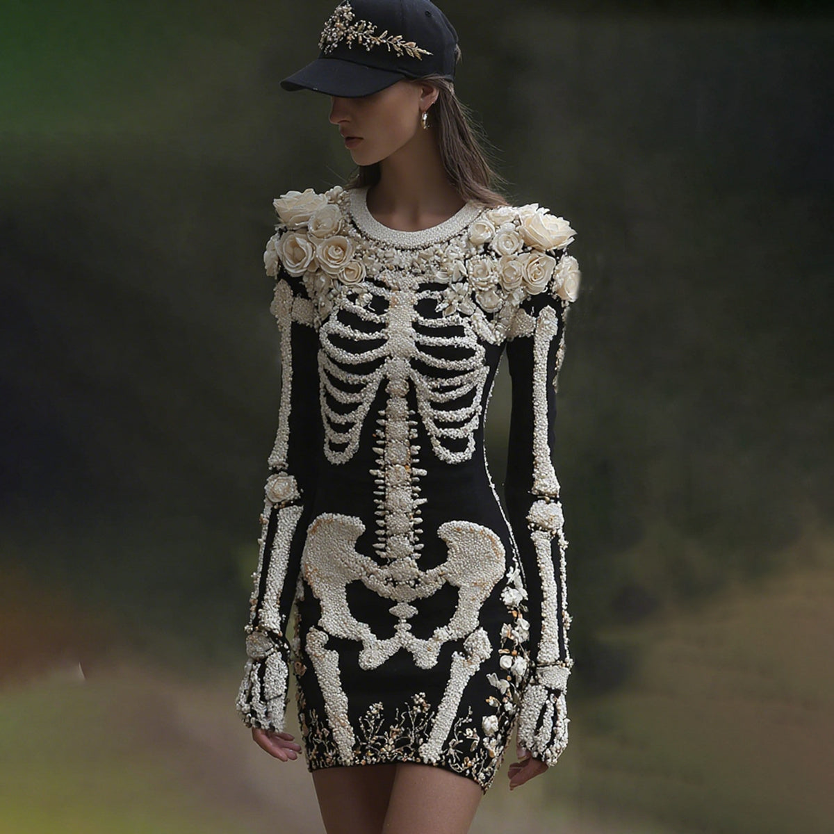 Comstylish Women's Halloween Skeleton Bones With Rose Art Cozy Knit Mini Sweater Dress