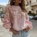 Women's Vintage Pink Rose Floral Chunky Knit Crew Neck Sweater artswardrobe